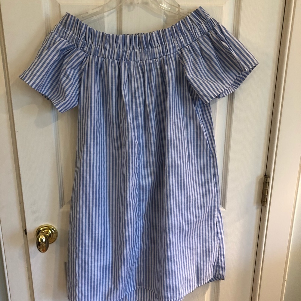 Blue and White Stripe Off the Shoulder Dress - Picture 2 of 7